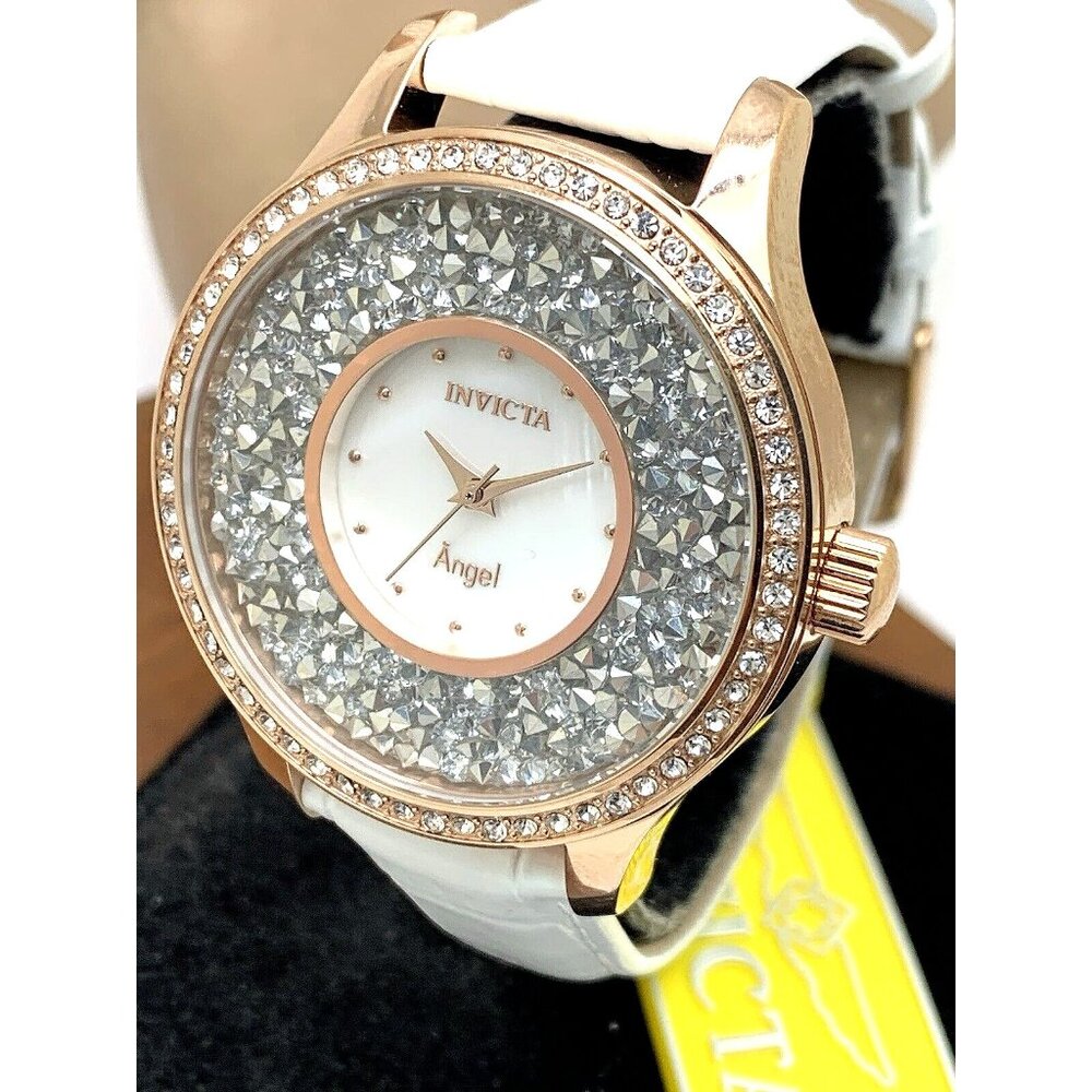 Invicta Womens Watch 24588 Angel Quartz Rose Gold Silver White Leather Band 40mm